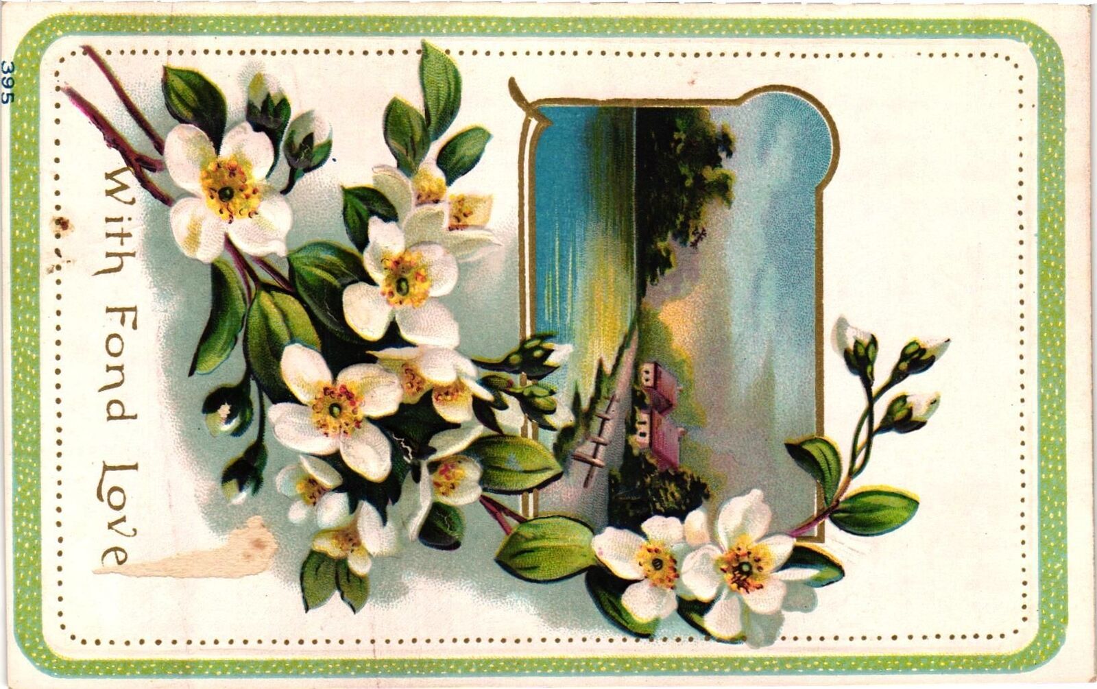 Vintage Postcard- WITH FOND LOVE, WHITE FLOWERS, RIVER WITH HOUSES ON THE BANK