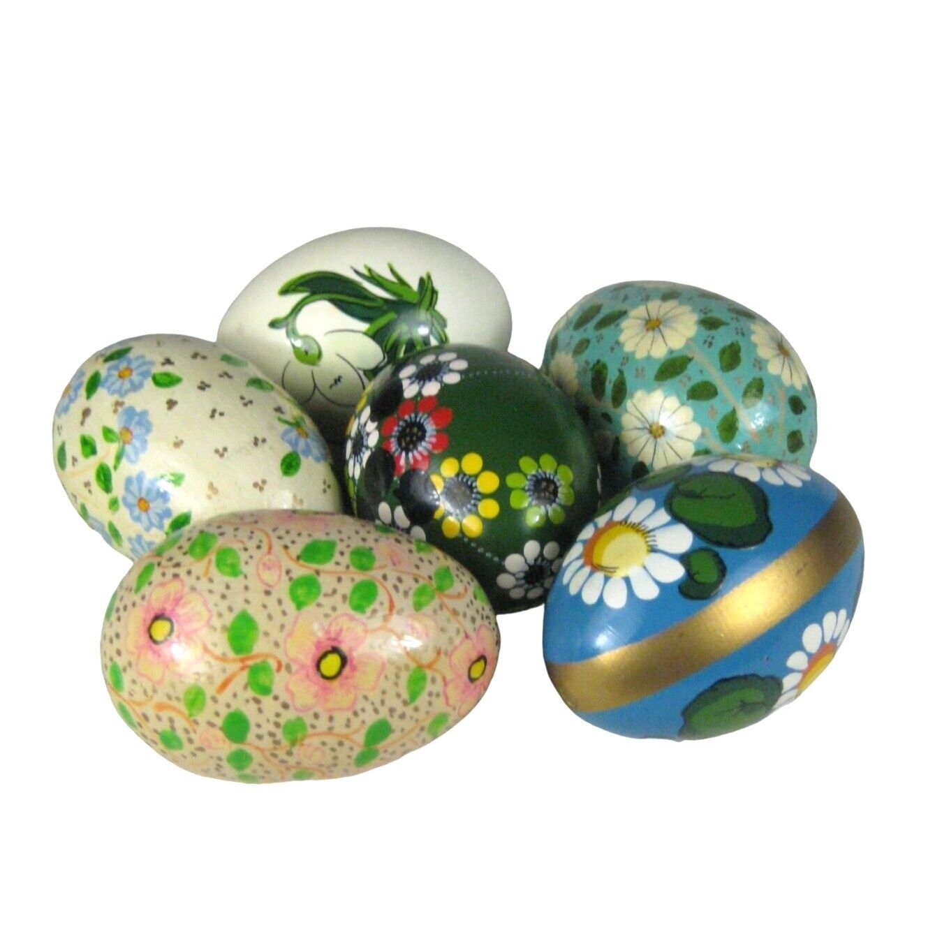 Set of 6 Decorative Eggs Painted Wooden Floral Flowers Spring Easter Vintage