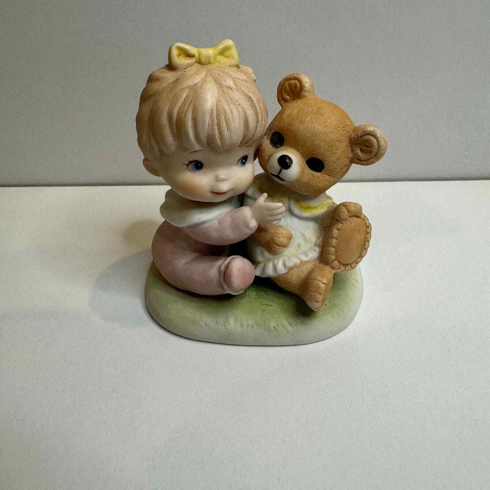 Vintage 1980s Figurine  Baby Girl w/Bear Porcelain #1424 Homco