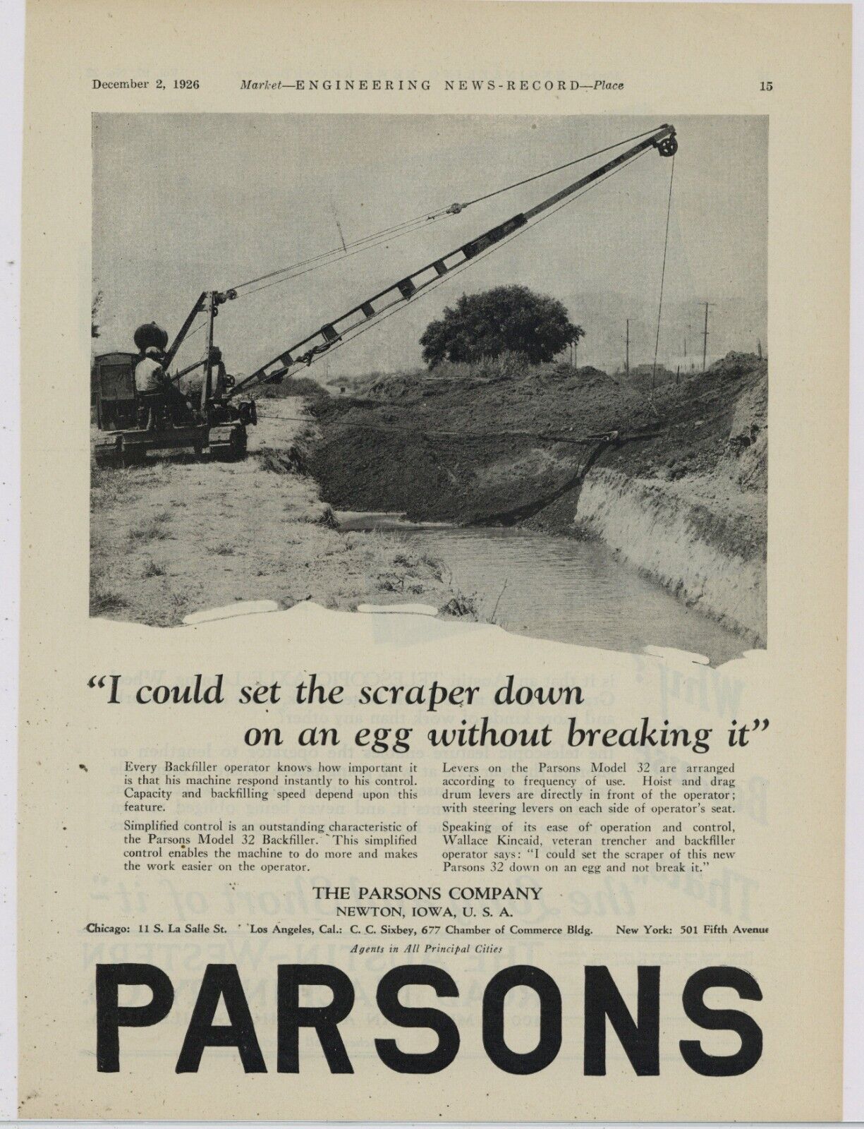 1926 Parsons Co. Ad: Model 32 Backfiller Pictured - Set the Scraper on an Egg
