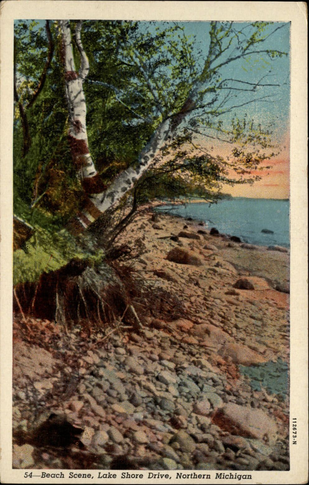 Michigan North Lake Shore Drive beach scene ~ 1930s linen postcard  sku293