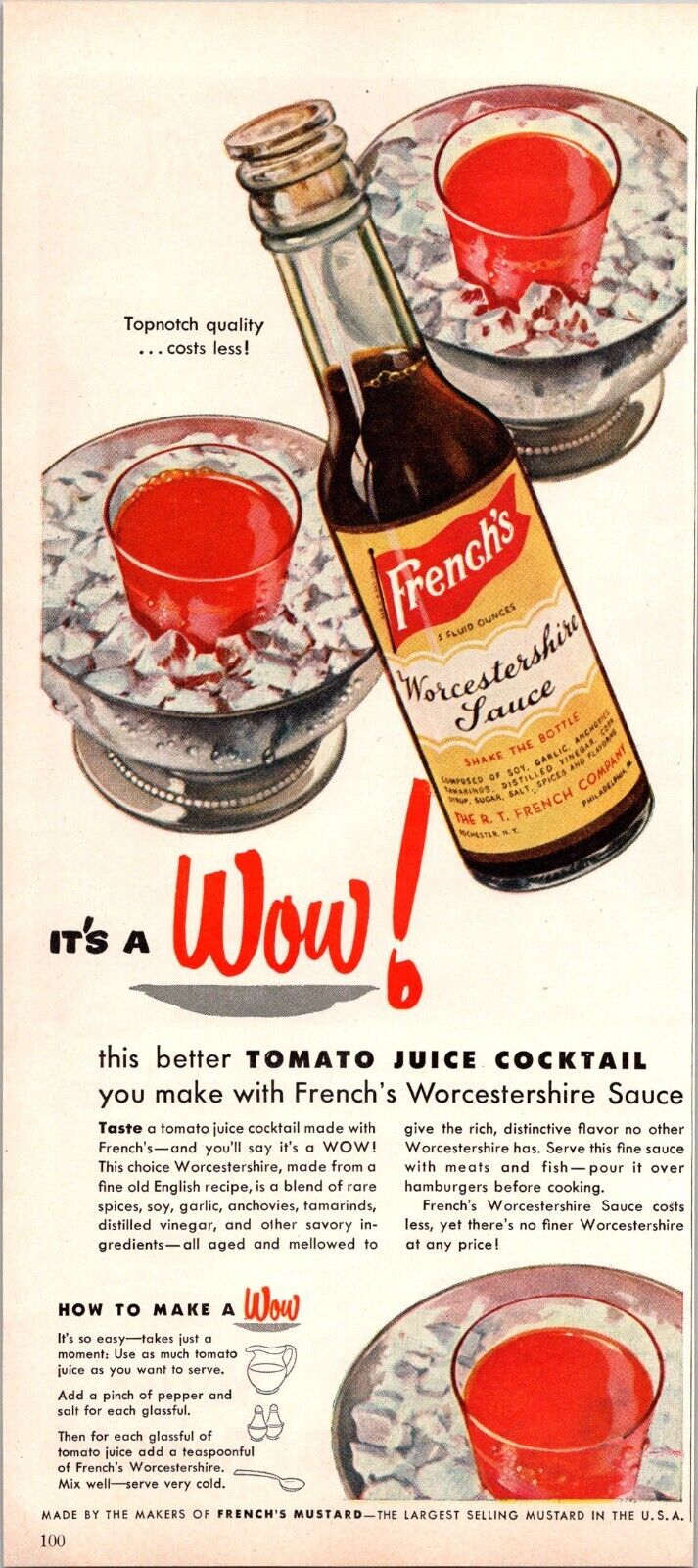 1949 French\'s Worcestershire Sauce WOW Tomato Juice Cocktail Recipe Vtg Print Ad