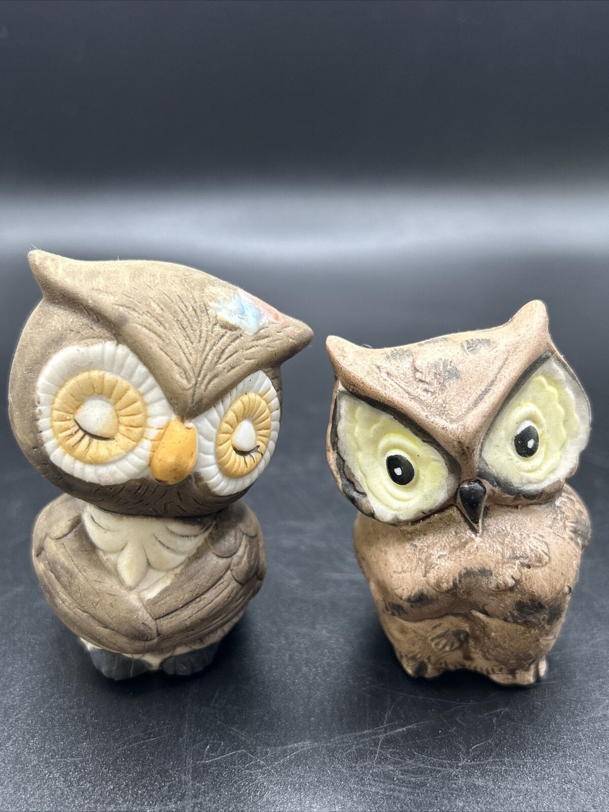 Vintage  Pair Of Owls ,Miniature, Brown, Ceramic, 2” Figurines. Made In Taiwan.
