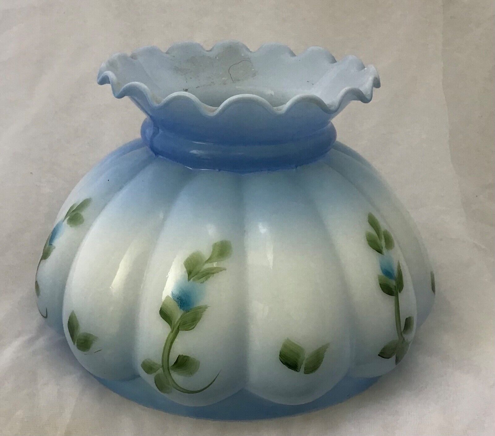 Ribbed 7” Melon Student Blue Tint Floral Decor Pattern Milk Glass Lamp Shade