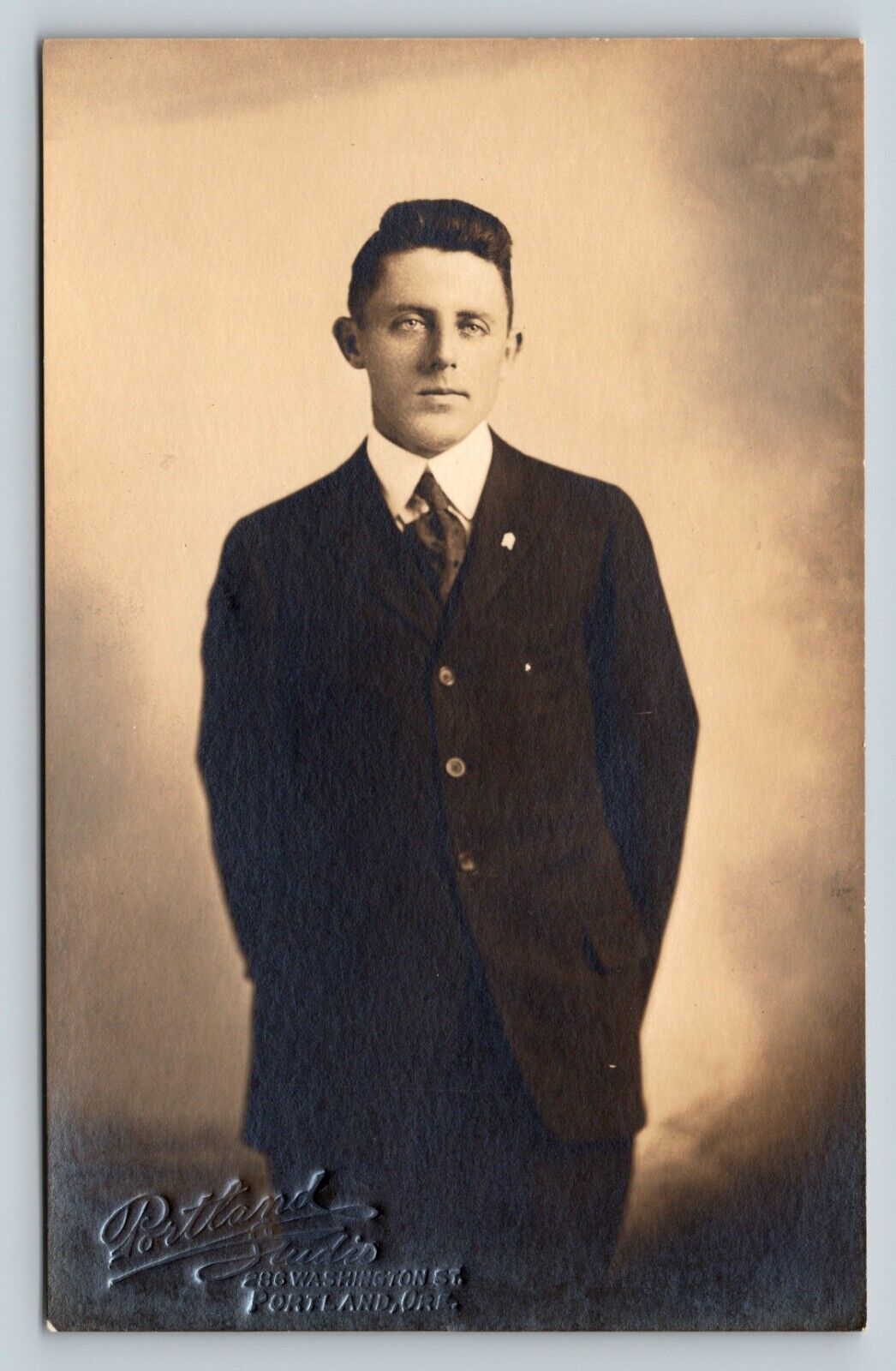 c1920s RPPC Classic Sharp Young Man In Suit In PORTLAND Oregon VINTAGE Postcard