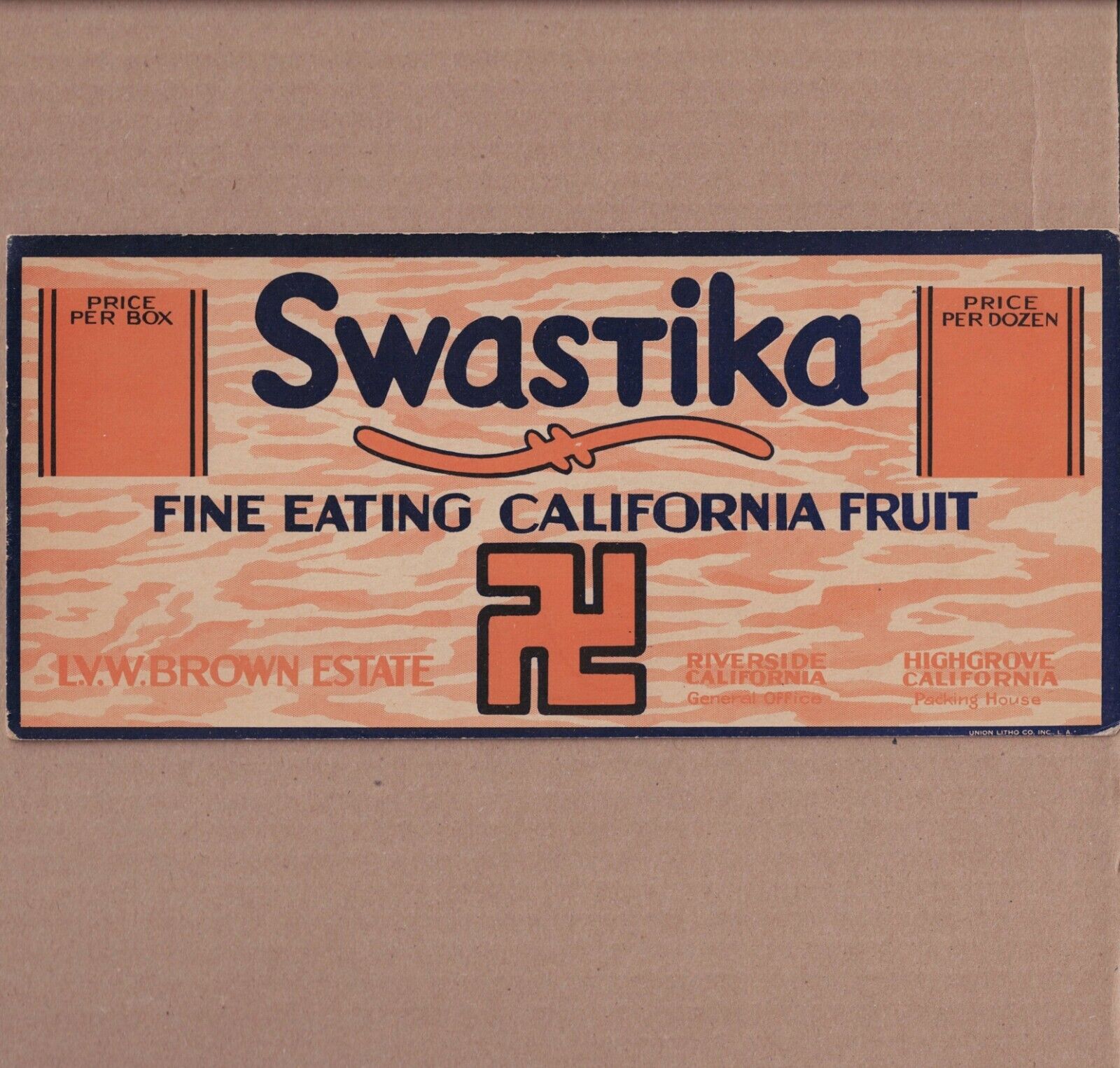 Original Unused SWASTIKA citrus fruit ad display header/label, Riverside, CA