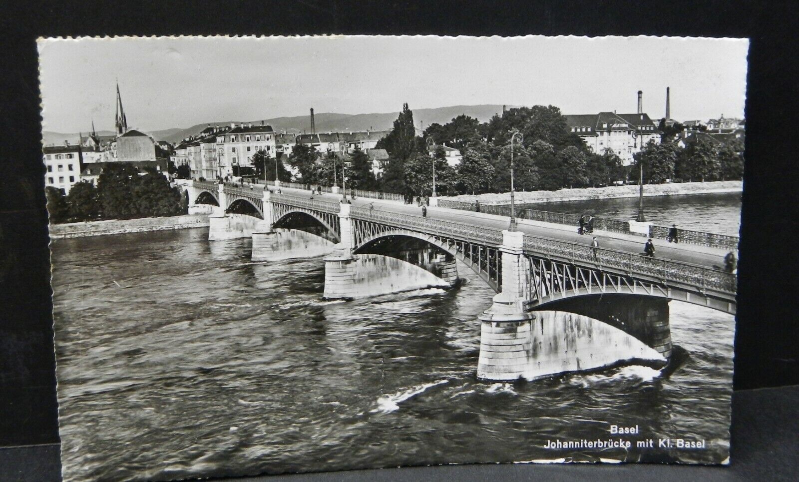 RPPC 1950\'s Johanniterbrücke Basel bridge Switzerland stamps postcard
