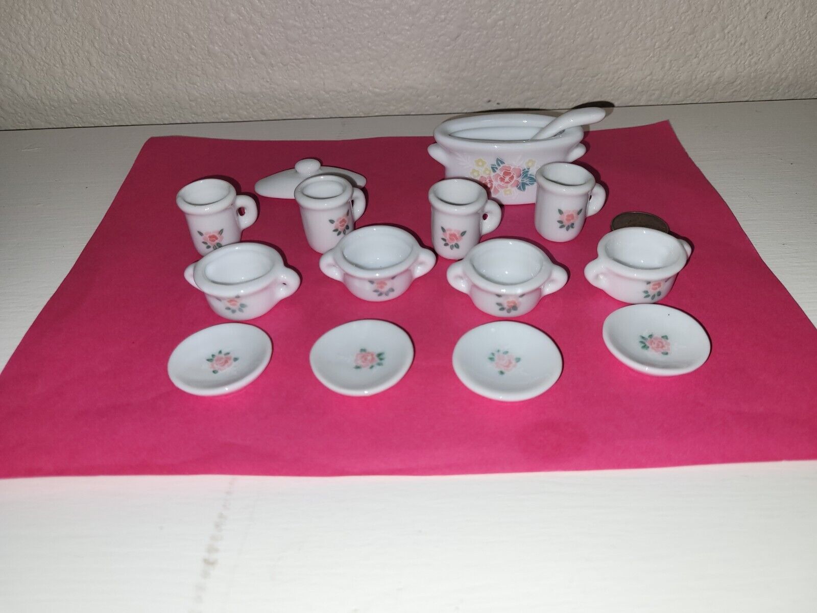 Pretty Port Ltd. Pink Minature Tea Soup Set 4 settings Pink Floral Design Set