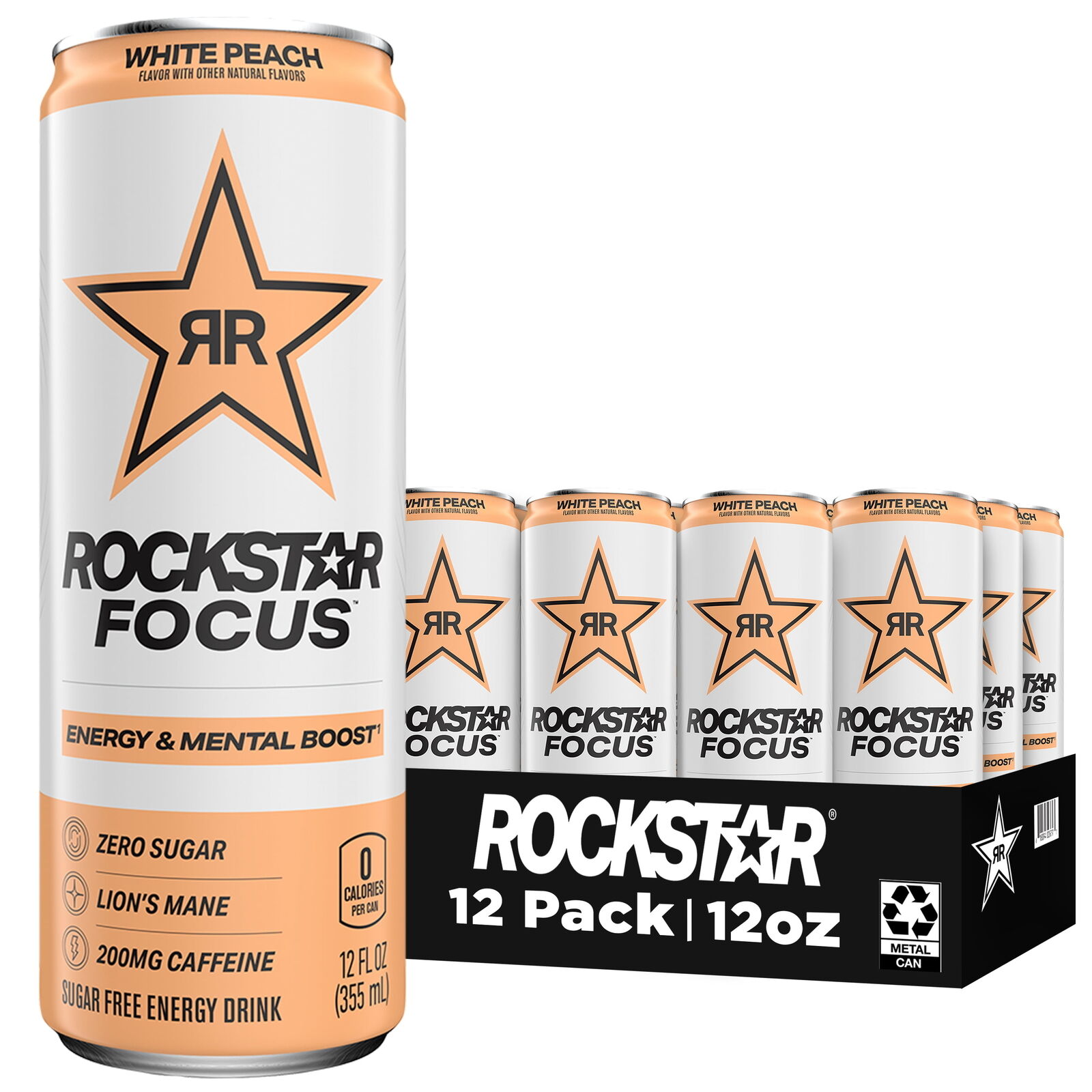 Rockstar Focus Zero Sugar Energy Drink, White Peach Flavor, Lion’s Mane