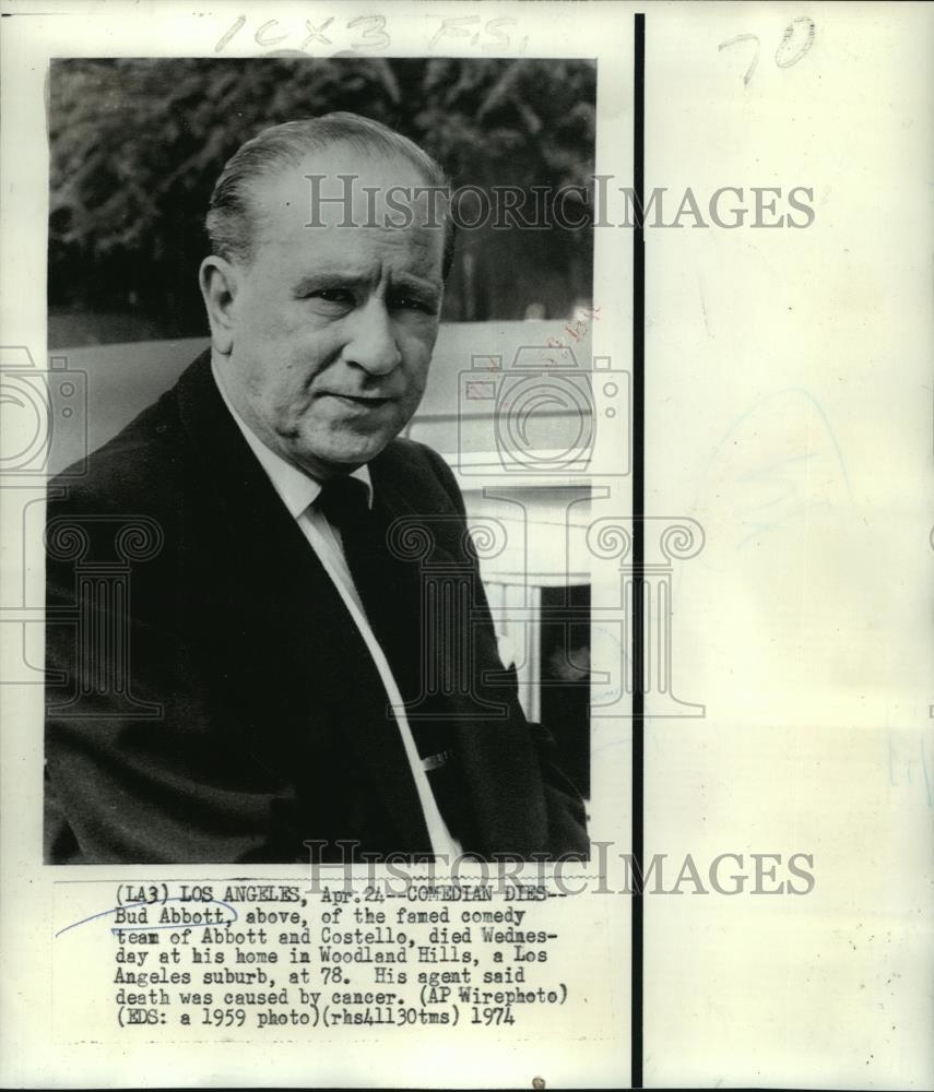 1959 Press Photo Bud Abbott, famed comedian, dies in his Woodland Hills home.