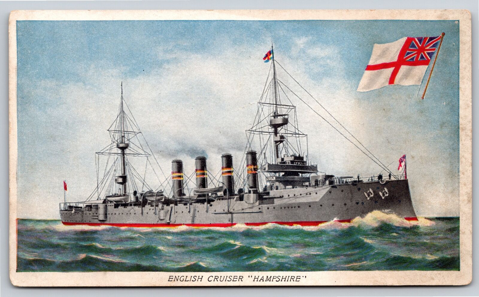 Military~English Cruiser Hampshire & English Flag~Vintage Postcard