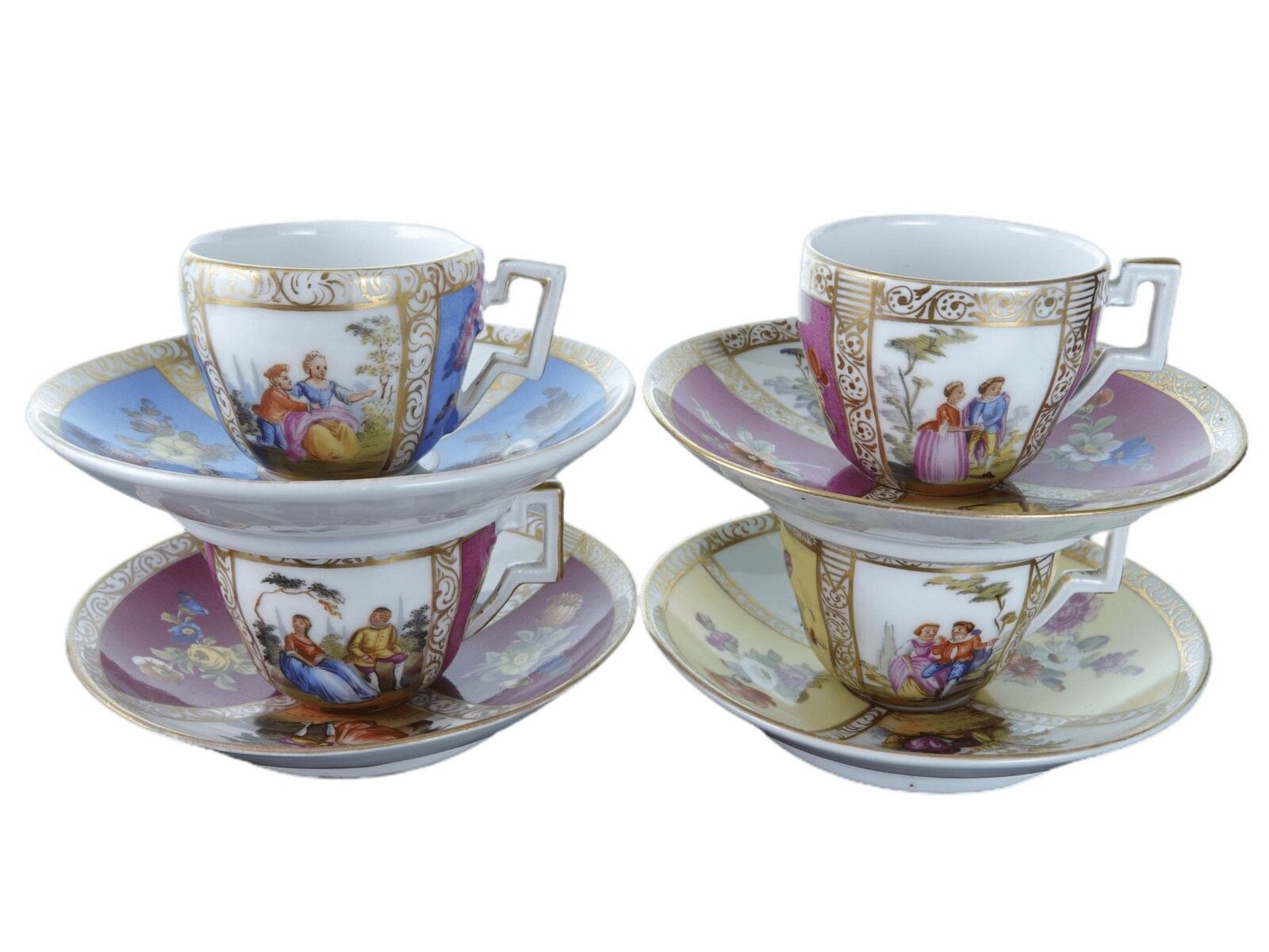 c1890 Dresden Hand Painted Demitasse or Childrens cup and saucer set of 4