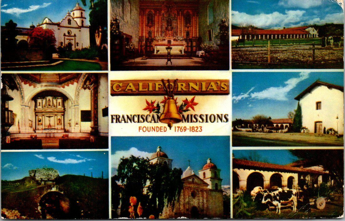 Chrome Postcard CA Multi View California Indian Missions Franciscan Padres