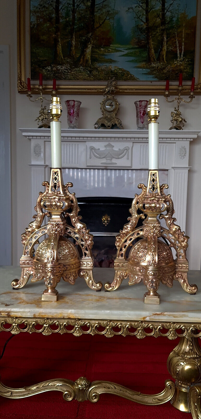 Most Beautiful Neoclassical / Empire Antique Lamp Pair + Decorative Lampshades