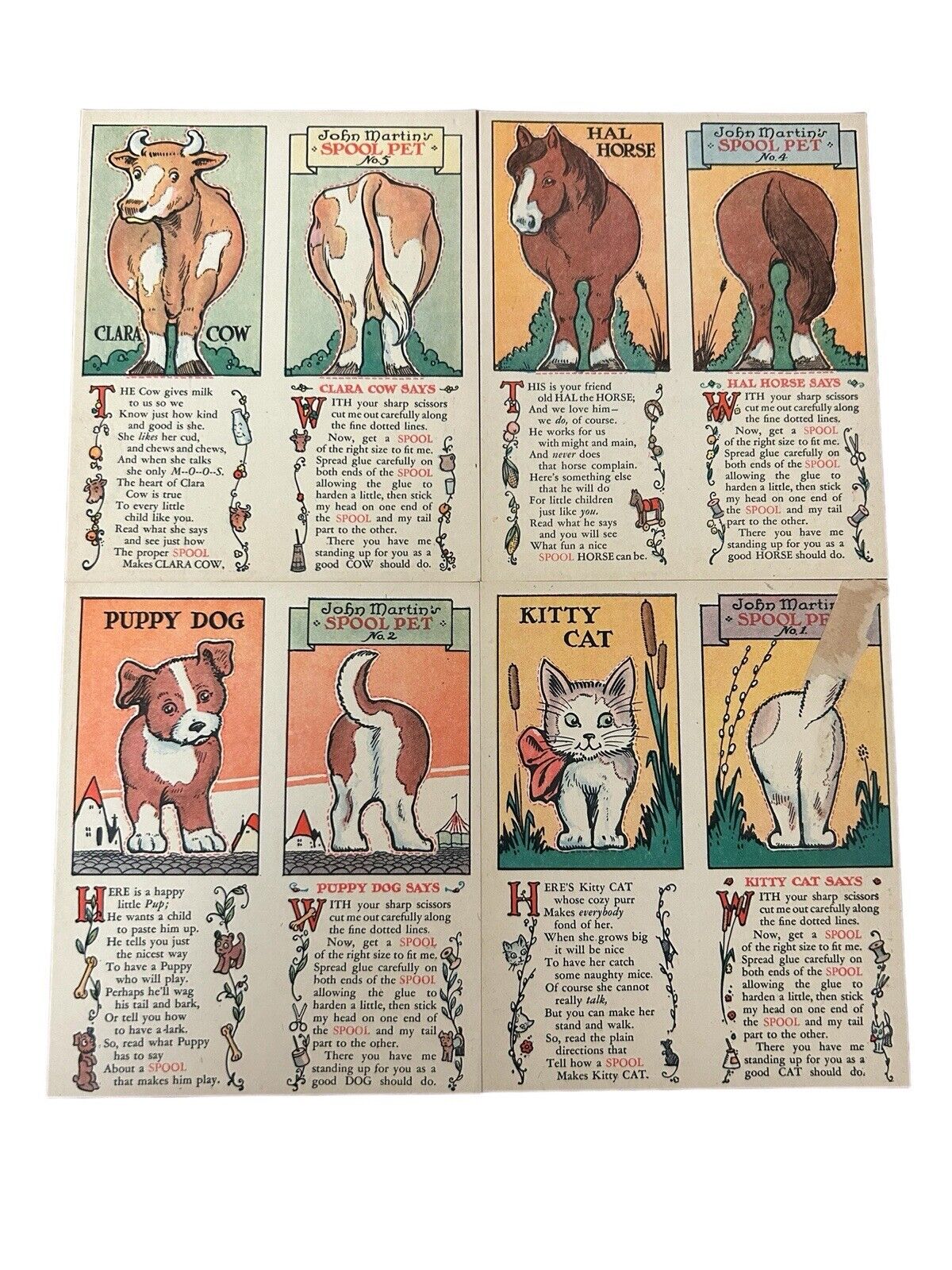 1930 Hal Horse Puppy Dog Kitty Cat Clara Cow John Martins Spool Set Lot Of 4 CPF