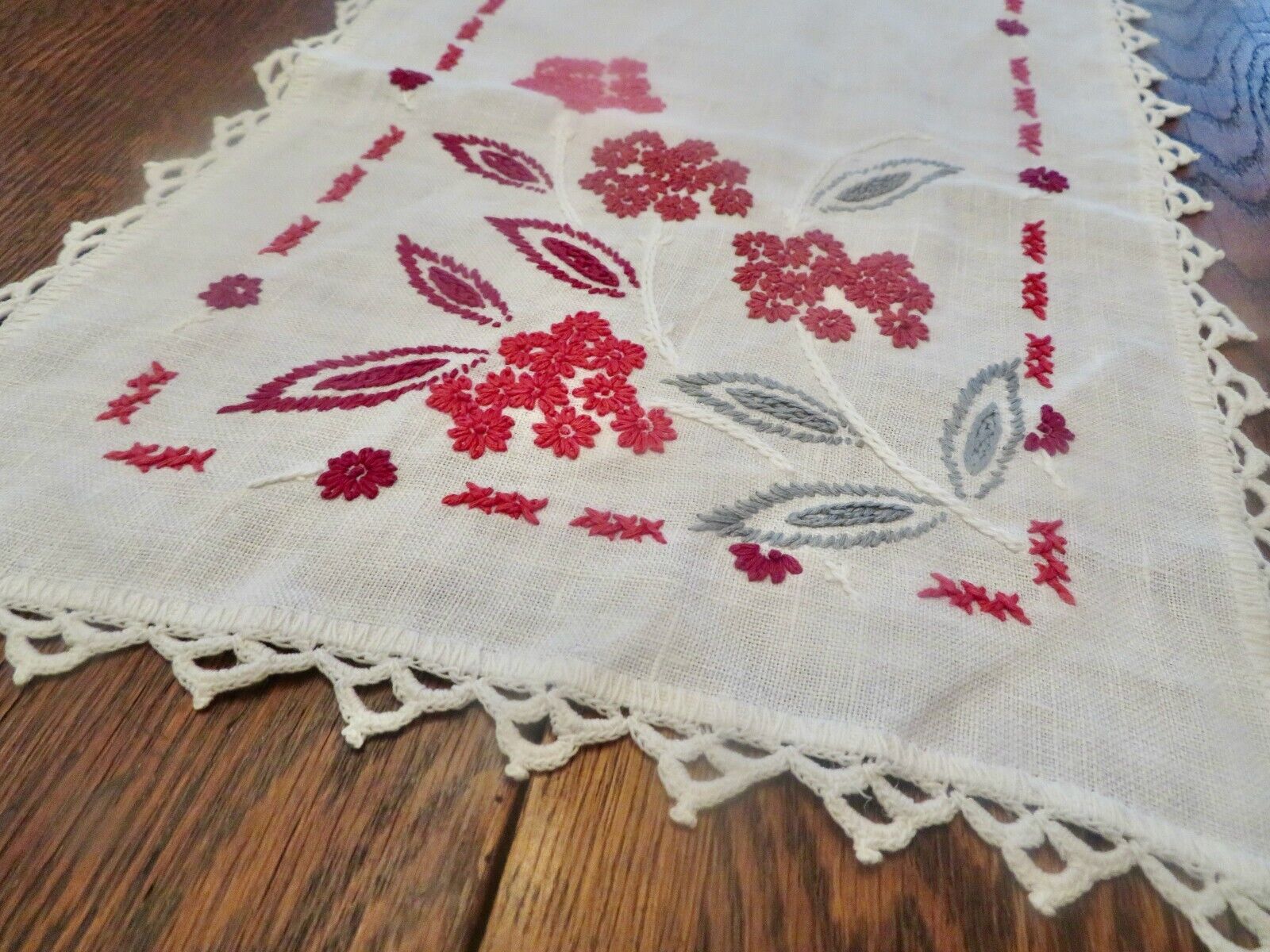 Vintage Dresser Scarf/ Table/ Buffet Runner Red Embroidery Crochet Edge  12\