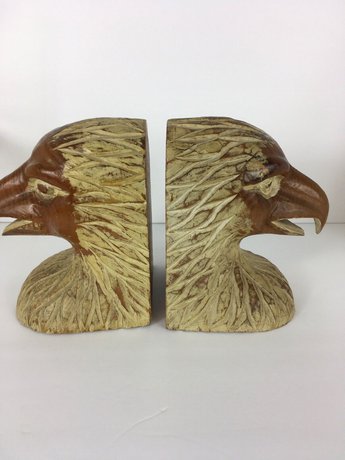 Vintage Mid Century Enesco Hand Carved Wood Eagle Head Book Ends