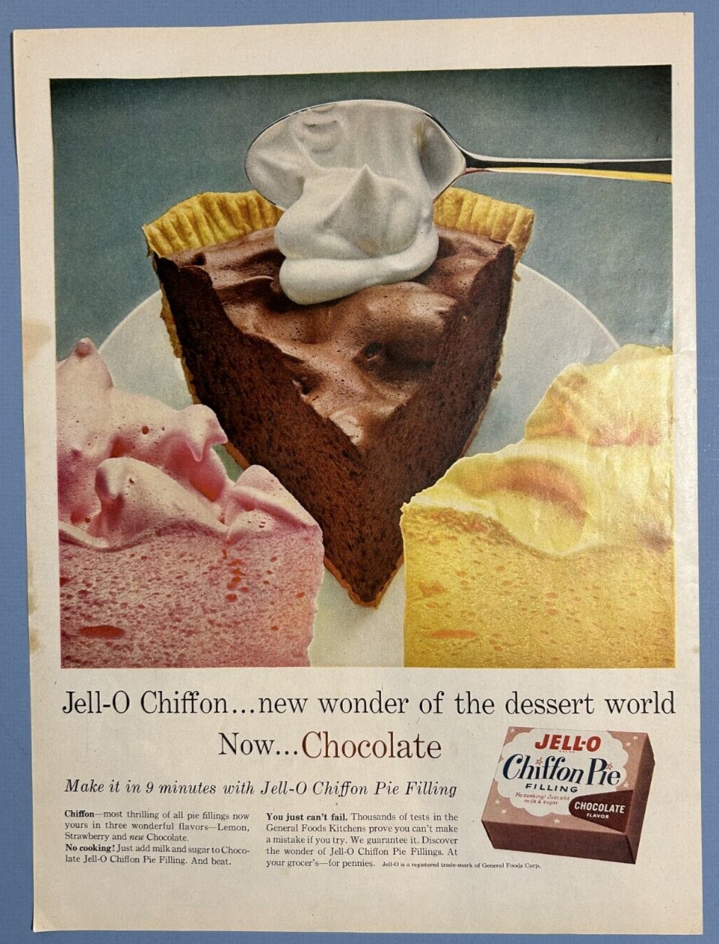 1958 Jello Chocolate Chiffon Pie Print Ad Whipped Cream