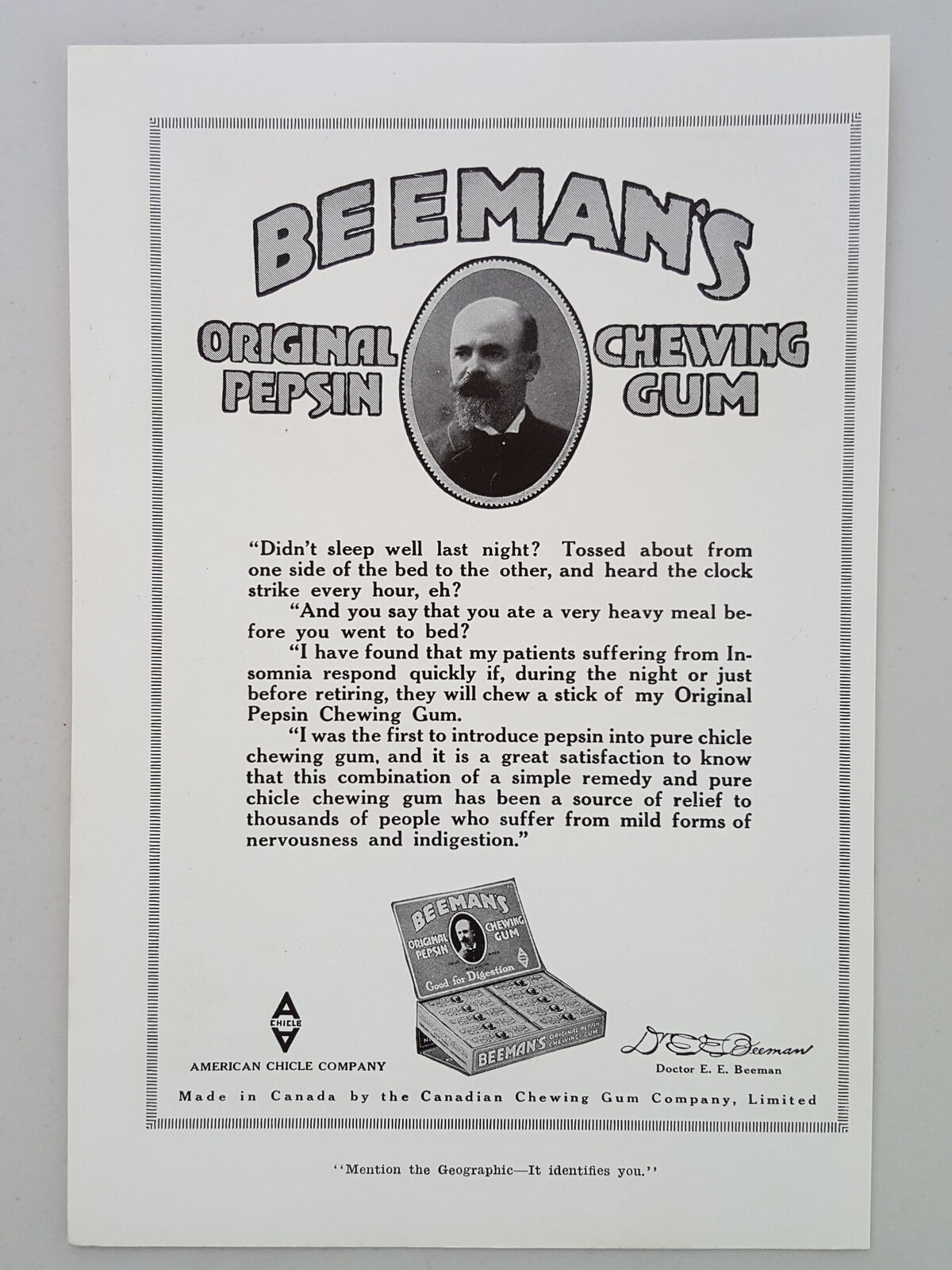 1918 Beeman\'s Pepsin Chewing Gum Sleep Aid Digestion Vintage Magazine Print Ad