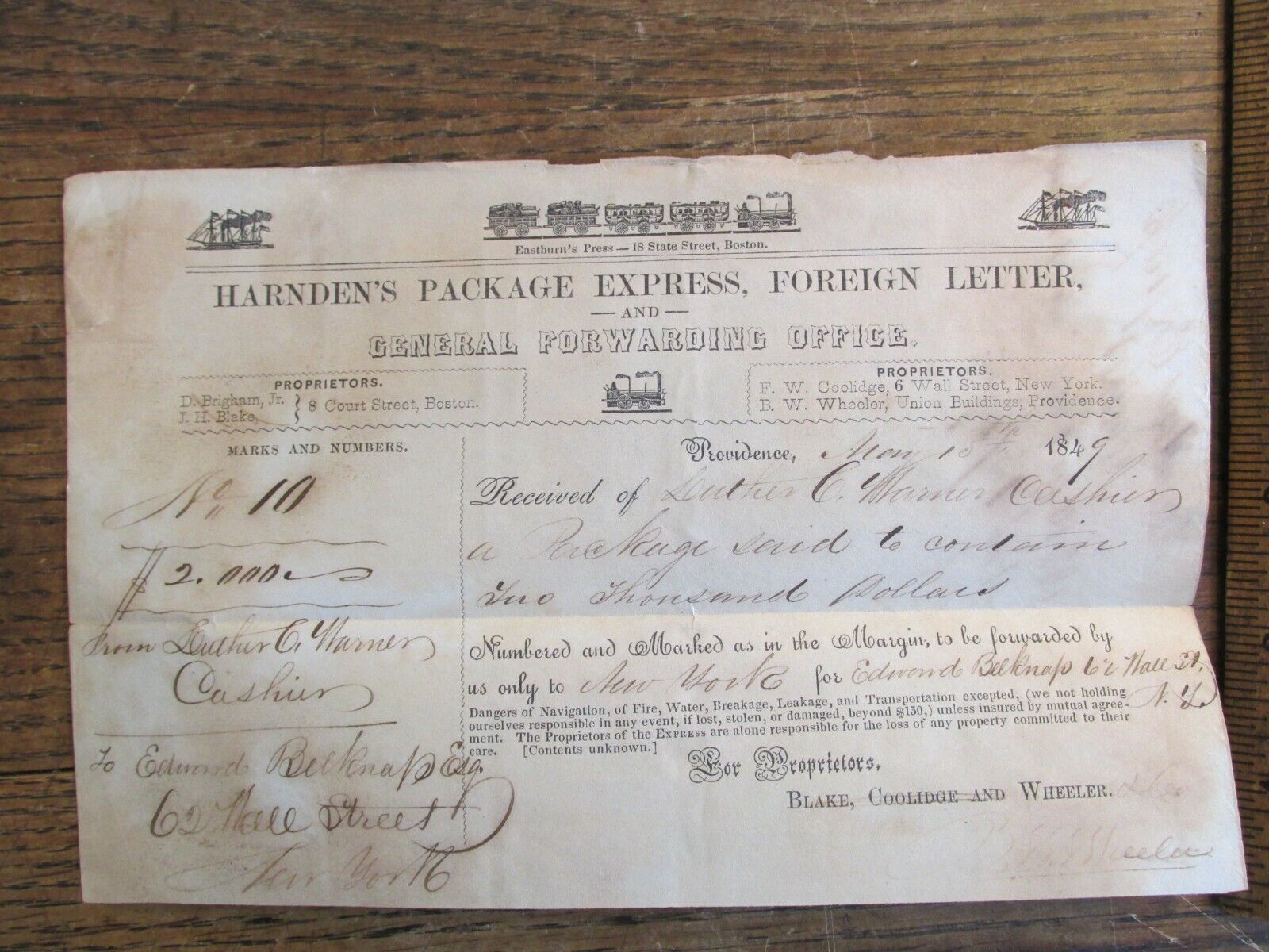 Antique Ephemera Document 1849 New York NY Foreign Letter Harnden\'s Express c
