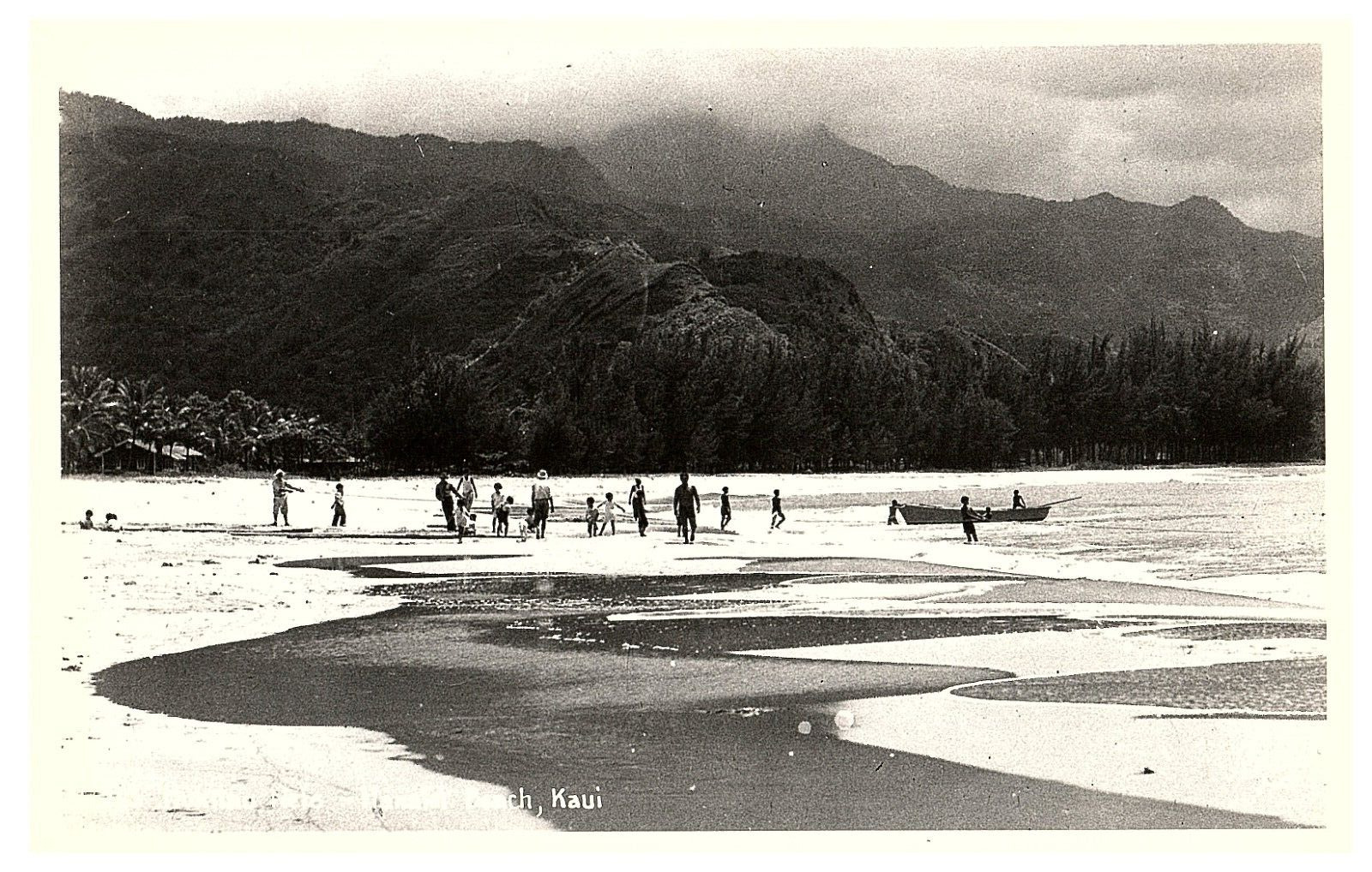 RPPC Postcard Hanalei Bay Kauai Canoe People on the Beach c1940s