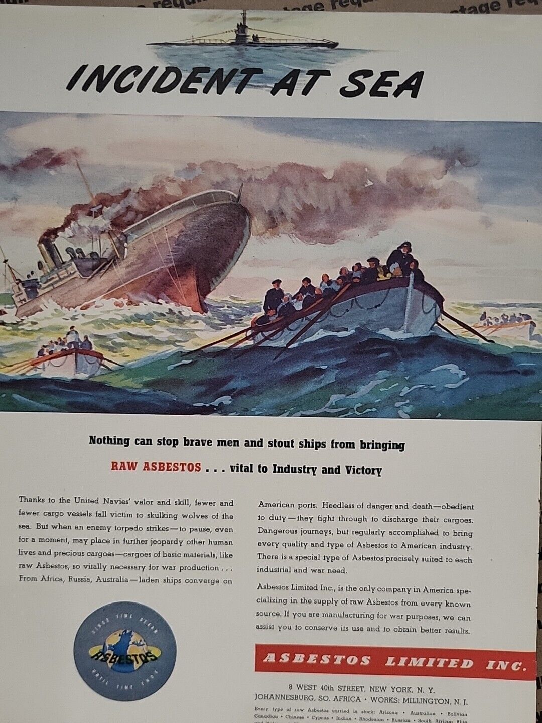 1942 Asbestos Limited Inc. Fortune WW2 Print Ad Q3 U.S. Navy Ships Row Boats War