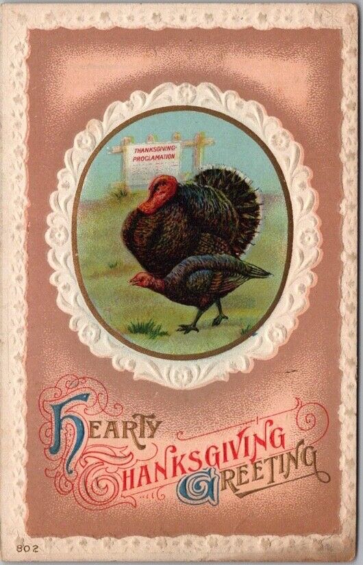 1910s HEARTY THANKSGIVING GREETING Embossed Postcard Turkeys & Sign / UNUSED