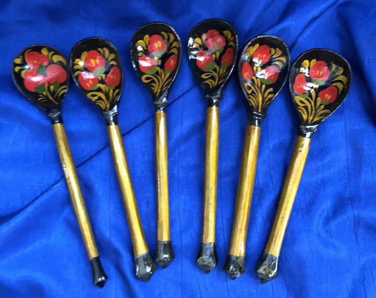 USSR Wooden Traditional Khokhloma Strawberry Hohloma Set Of 6 Spoons