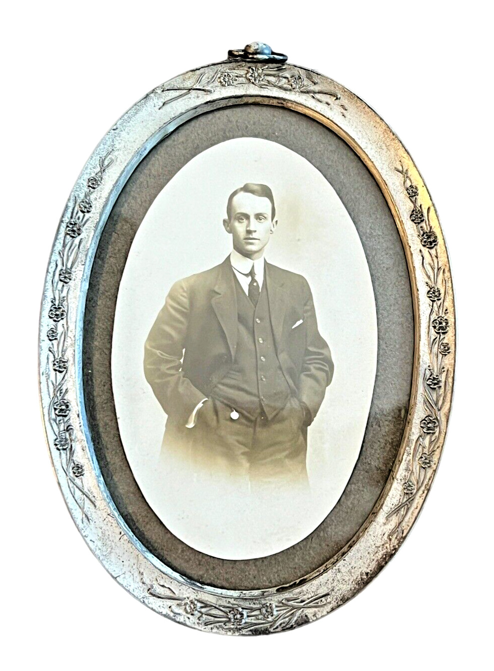Antique Photograph Victorian Man Sepia Oval Silver Frame with Vine Design 7\