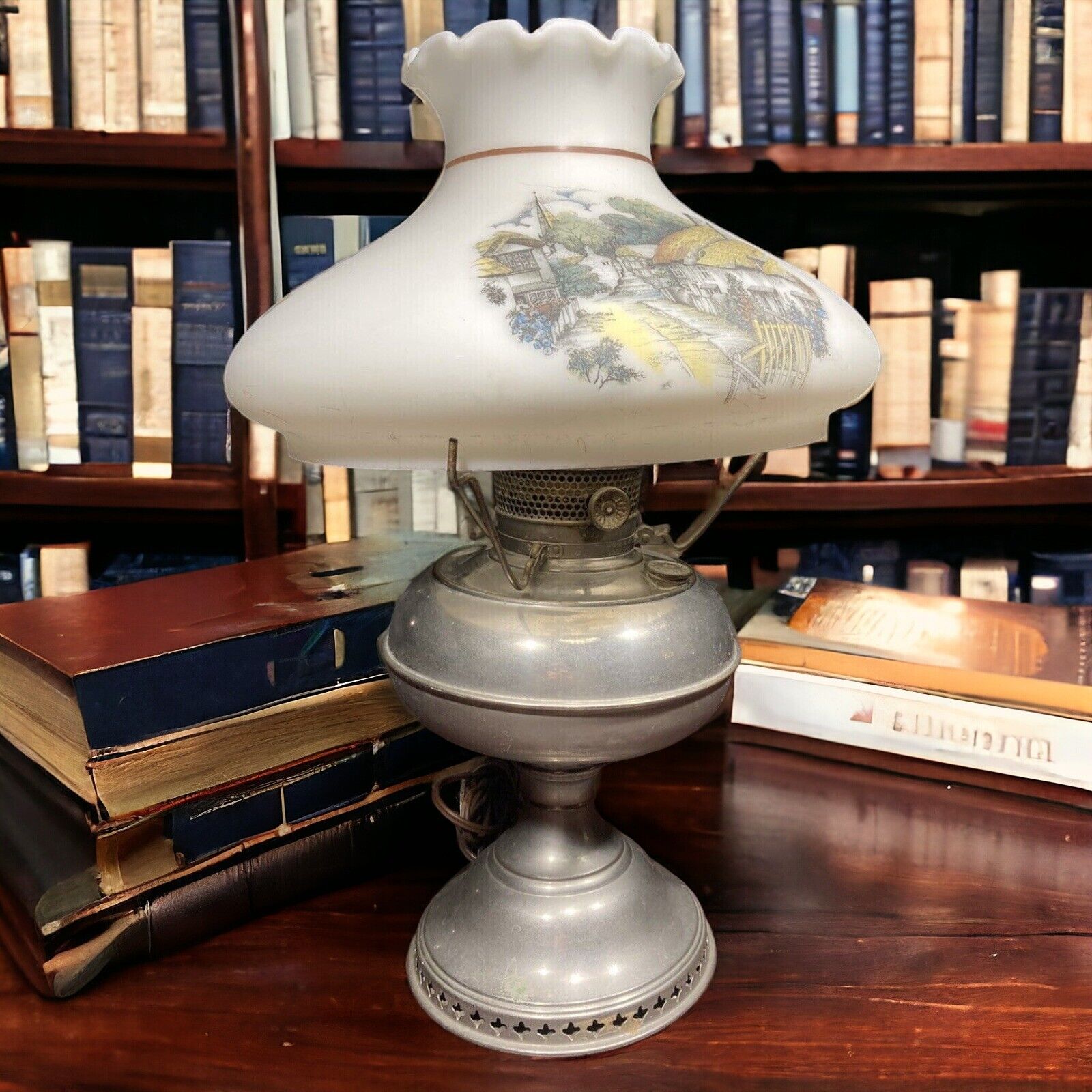 Antique 1890s Oil Lamp Electrified Bradley & Hubbard Aladdin style & glass shade