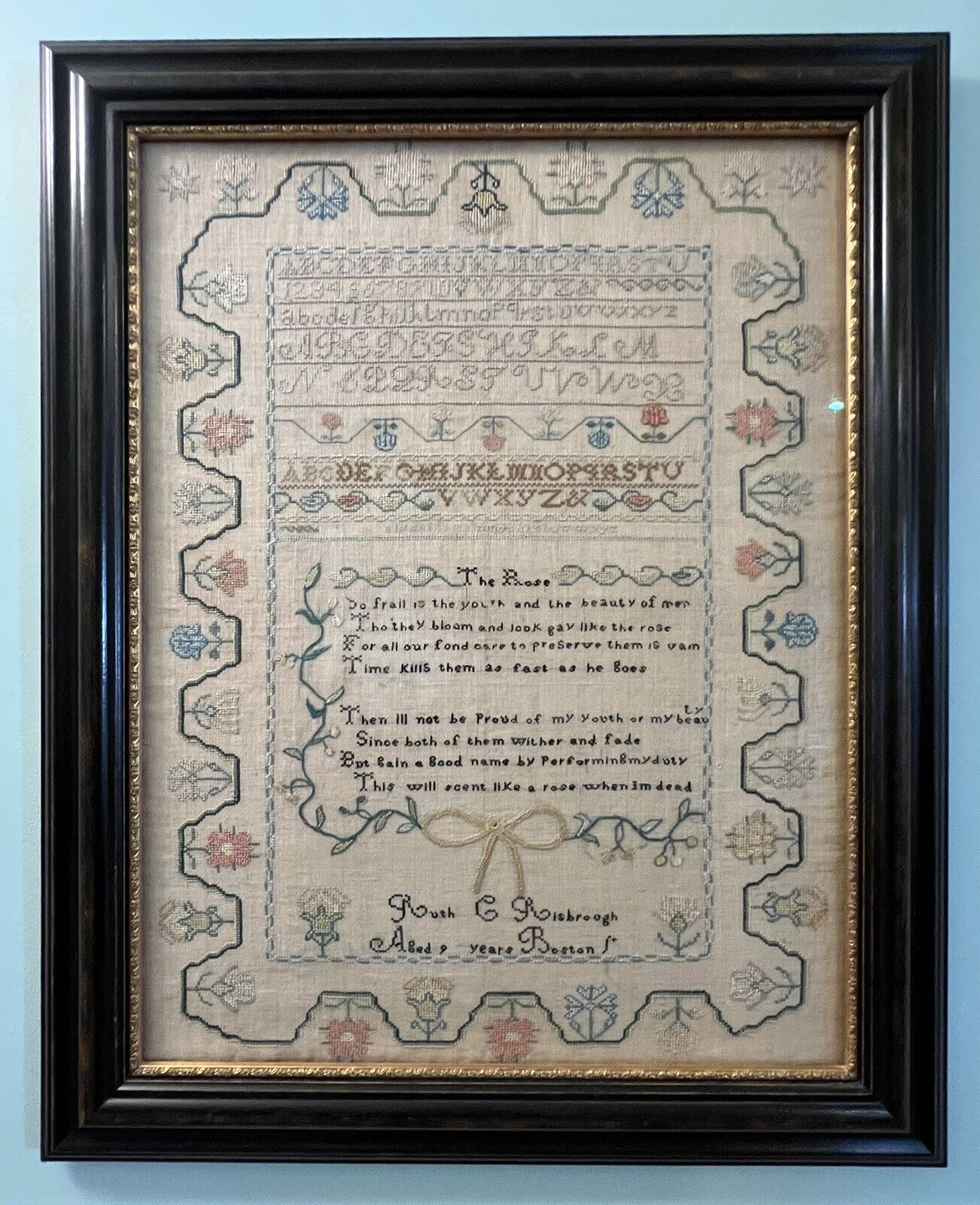 Large Exceptional American Early 19th c Sampler by Ruth C. Risbrough of Boston