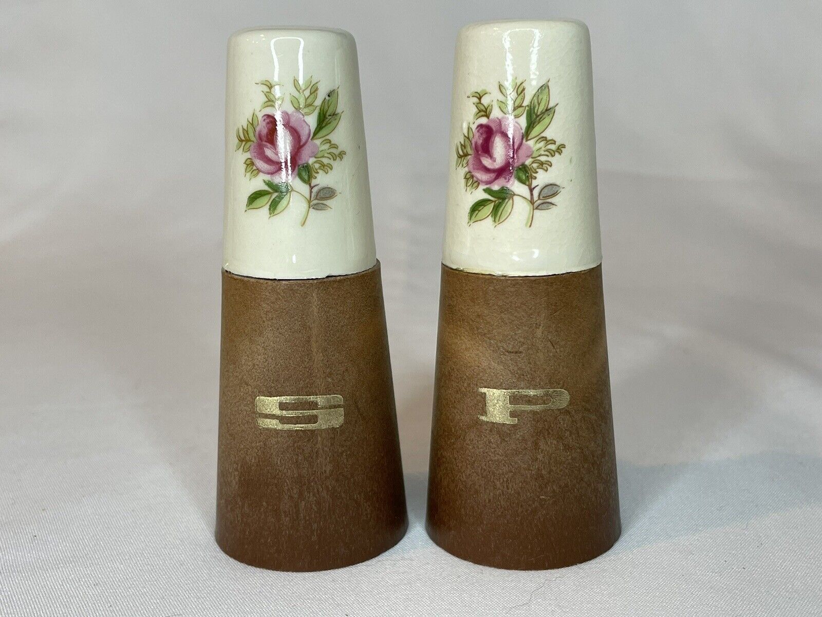 Vintage Floral Ceramic & Wood Salt & Pepper Shakers