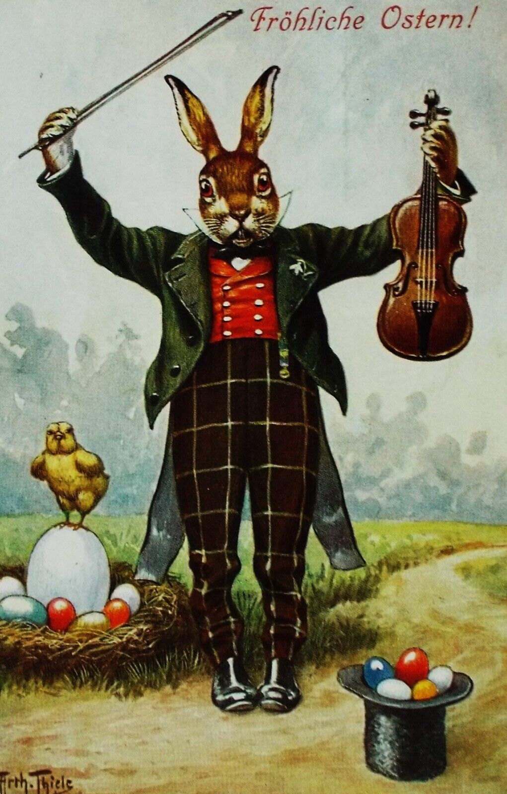 Sweet Artist Signed Thiele 1911 Animated Rabbit Violin Easter TSN Germany