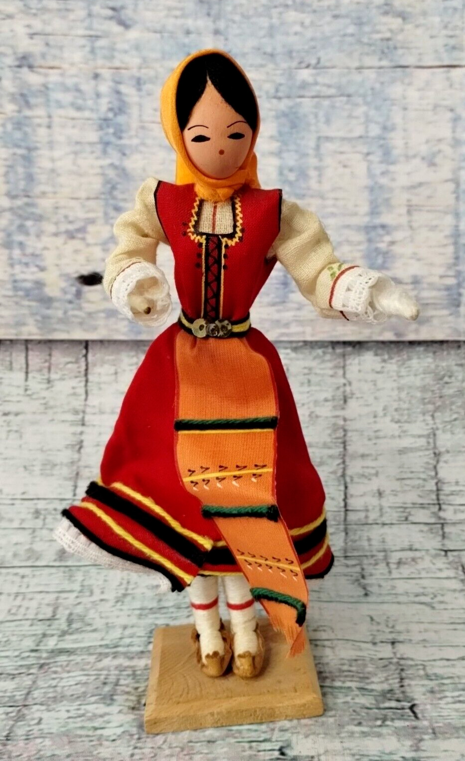 Vintage Bulgaria Folk Art Souvenir Figurine Women Dancing Wood Wire Cloth Doll