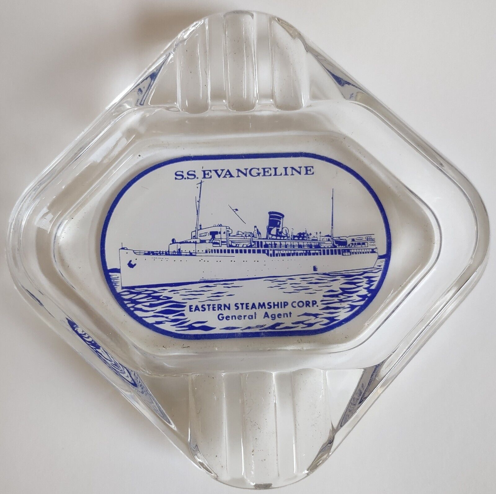 VINTAGE EASTERN STEAMSHIP CORP. CRUISE SHIP SS EVANGELINE GLASS ASHTRAY THICK