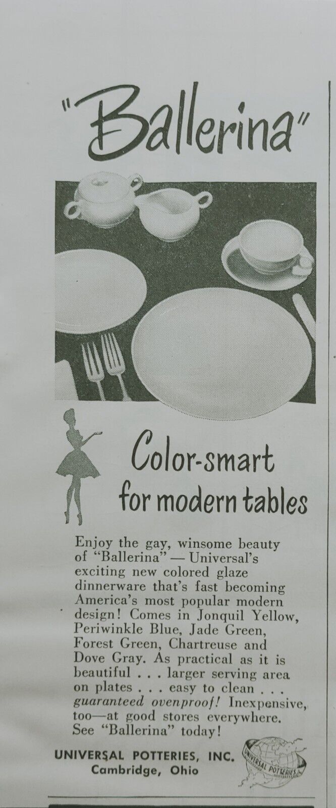 Ballerina Color-Smart  Modern Tables Cambridge Ohio Vintage Print Ad 1950