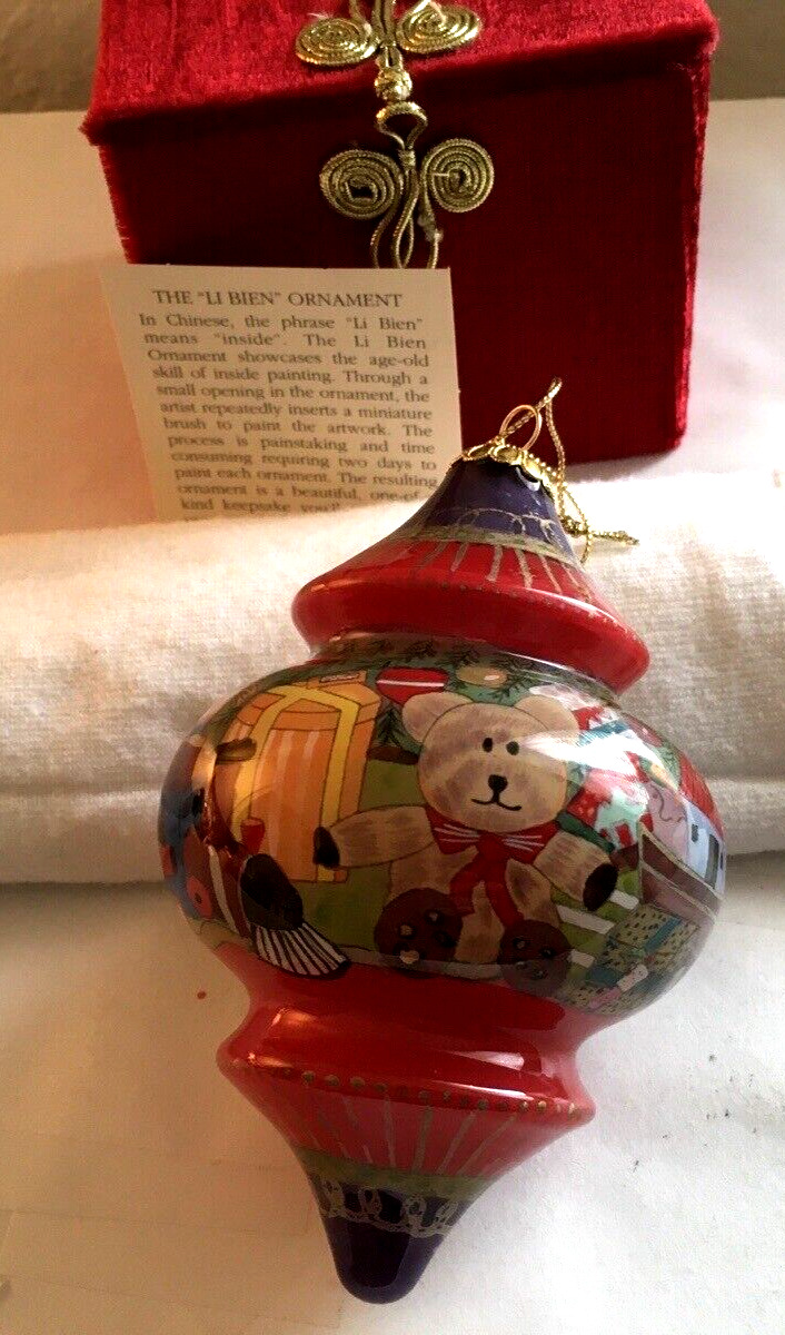 2003 Pier 1 Li Bien Hand Painted Christmas Toys Train Teddy Bear Glass Ornament