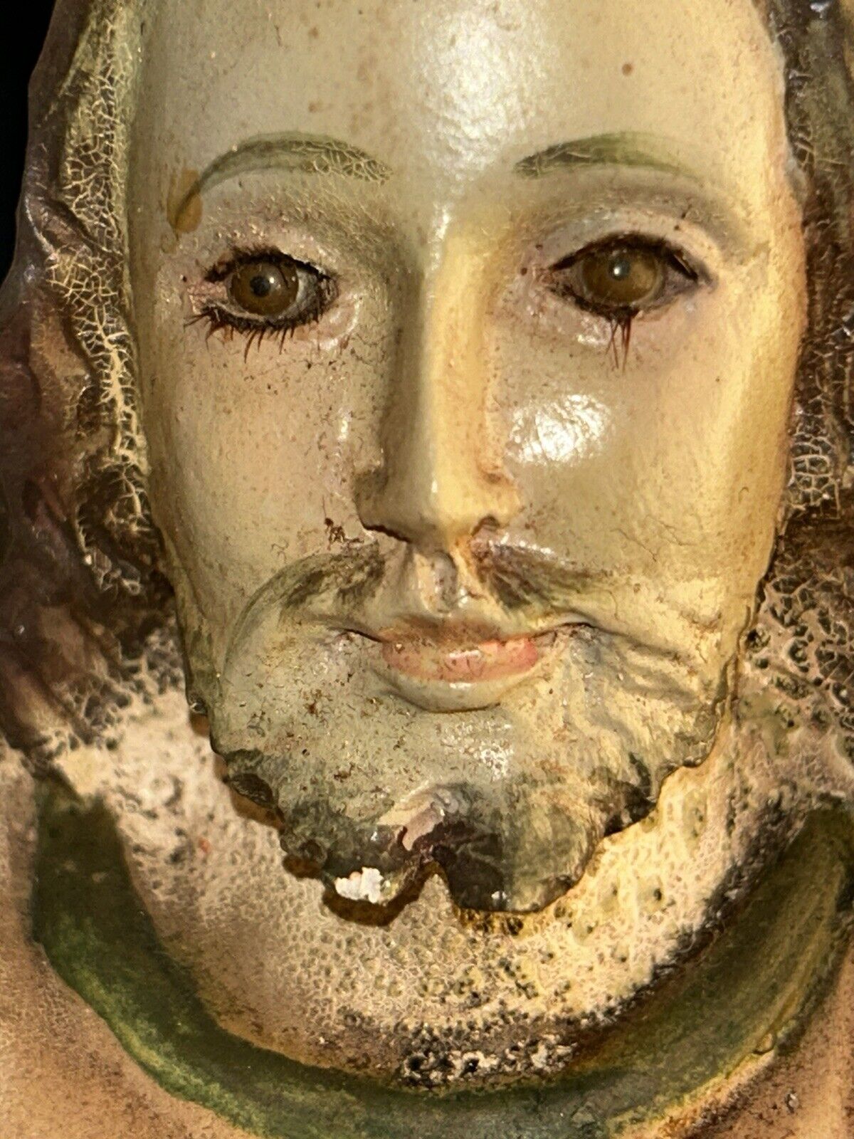 Antique Carved Jesus W/Glass Eyes & Eyelashes 19c Painted Wood 18”