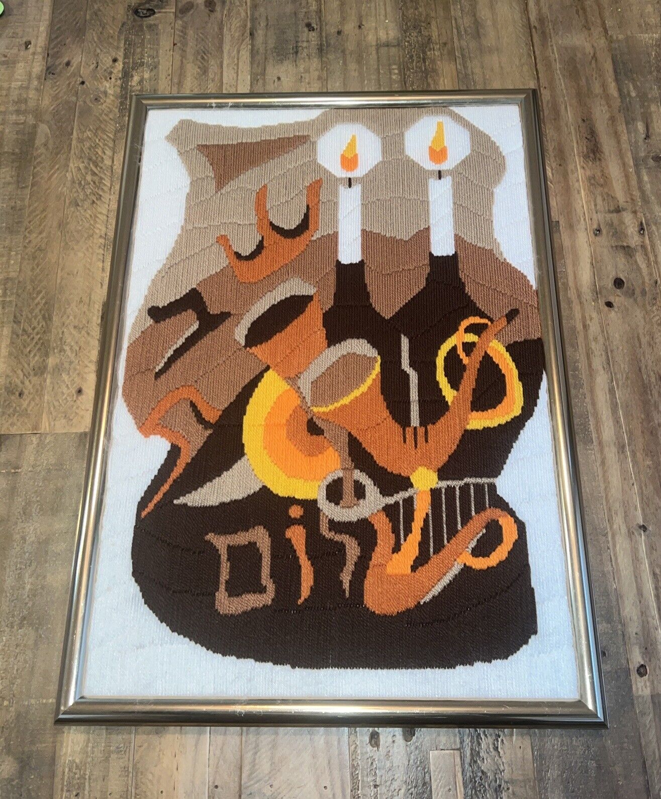 Vintage Purim Judaic Woven Framed Needlepoint 18x25in