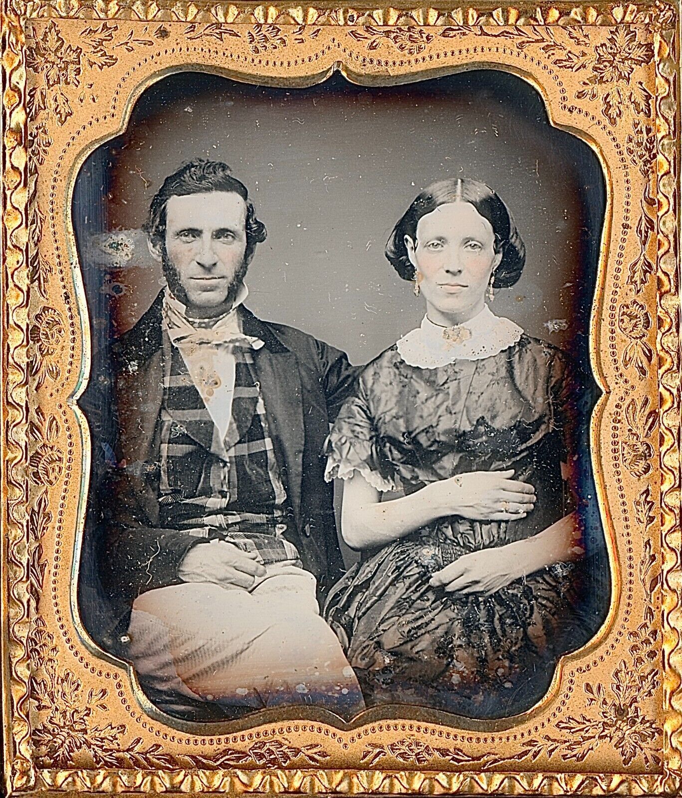 Attractive Young Couple Sideburns Plaid Vest Tinted 1/6 Plate Daguerreotype S854