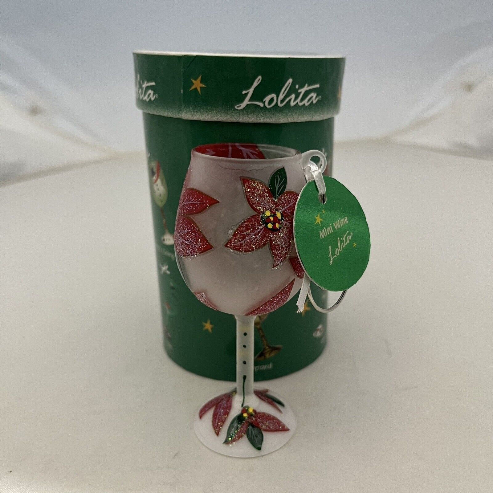 Lolita Mini Wine Glass Christmas Ornament Poinsettia Frosted With Box