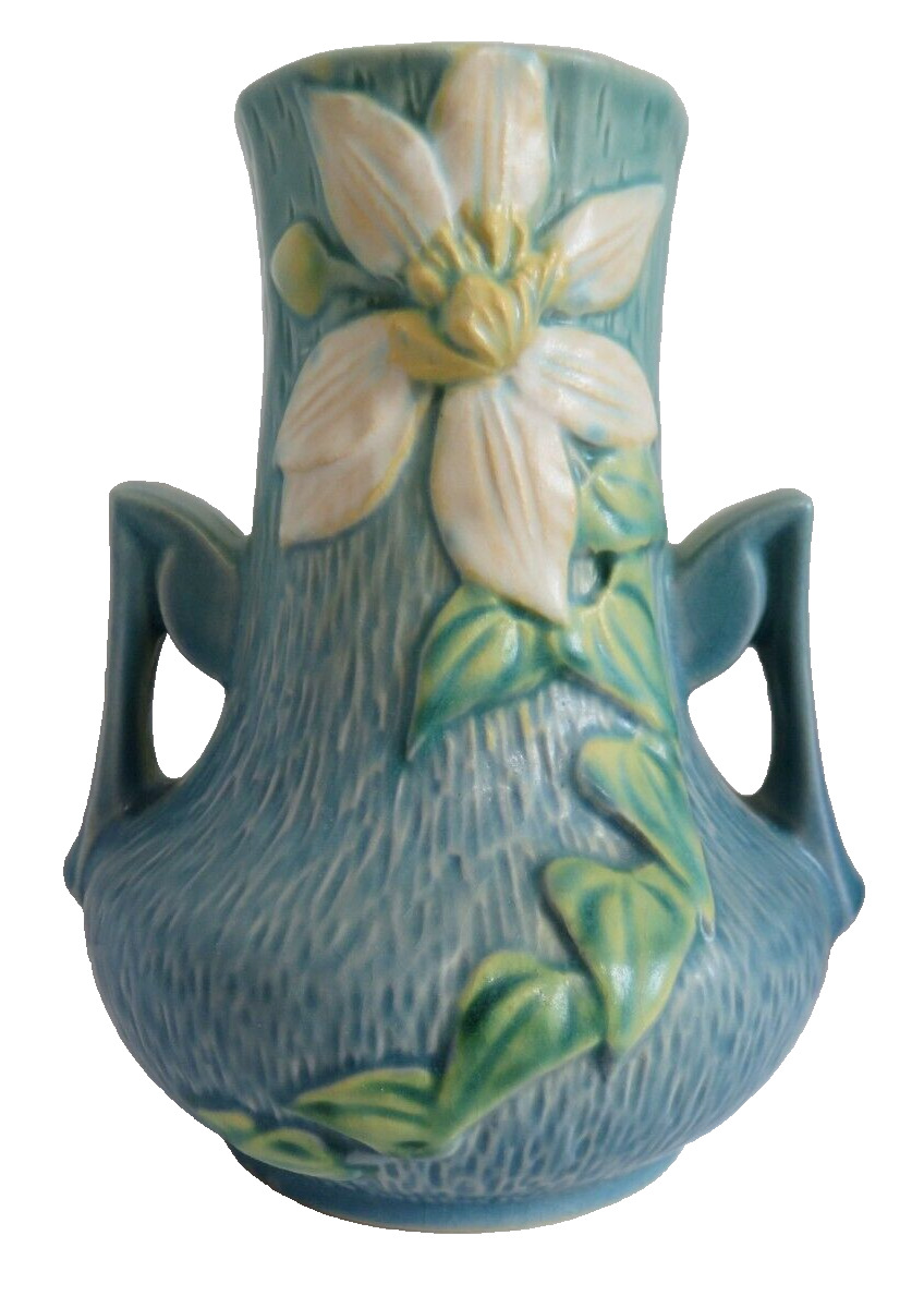 Vintage Roseville Blue Clematis Double Handled Vase 7” Tall  106-7
