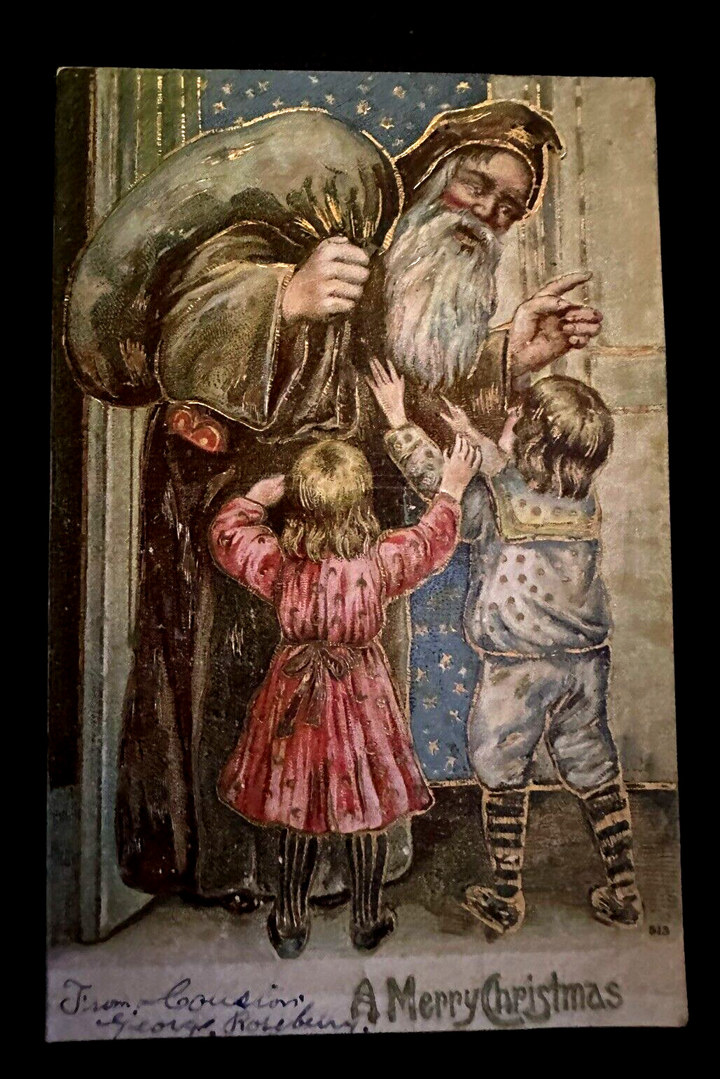 Long Brown Robe Santa Claus with Children~Antique~Christmas Postcard~h900