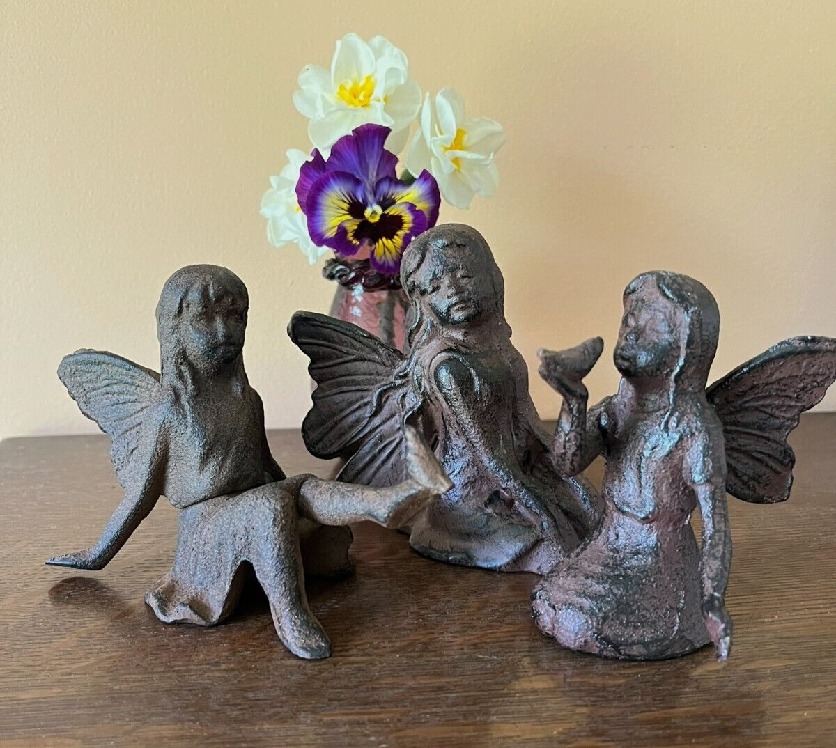 Set of 3 Assorted Cast Iron Fairy Angels Decorative Figurines for Home or Garden