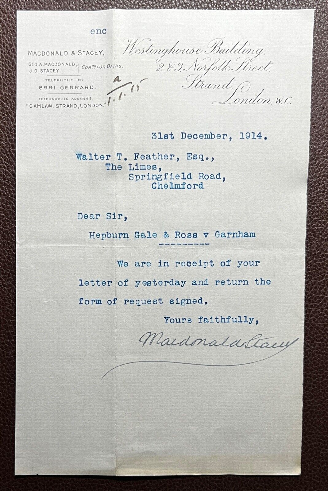 1914 Macdonald & Stacey, Norfolk Street, Strand, London Letter
