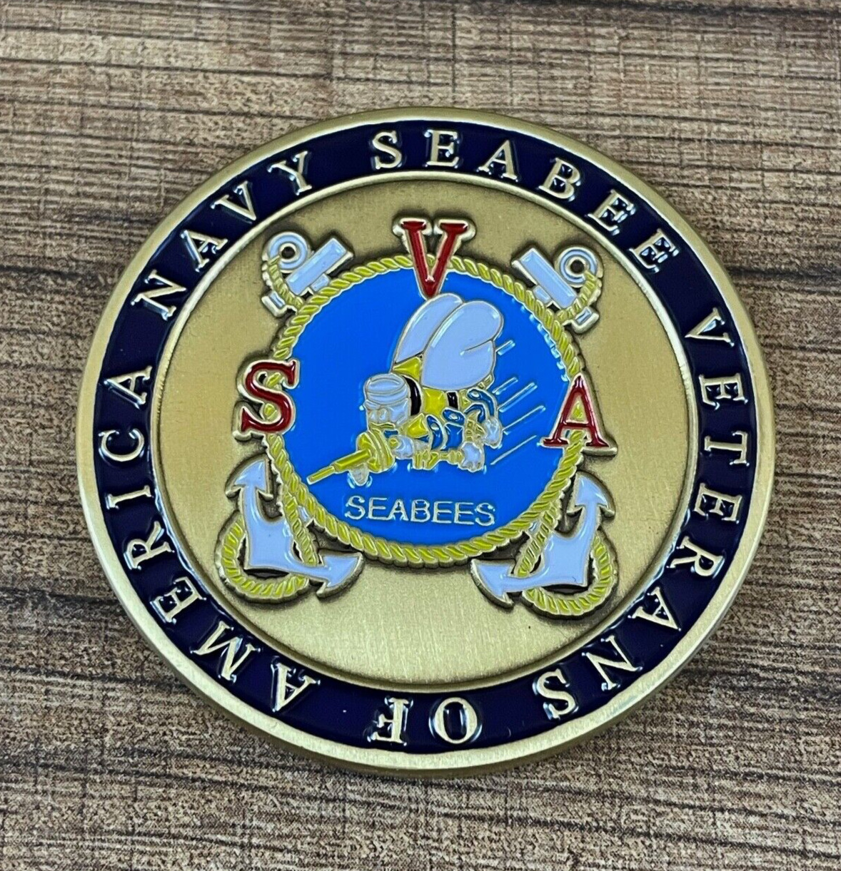United States Dept of the Navy Seabee Veteran Gold Blue Tone Challenge Coin