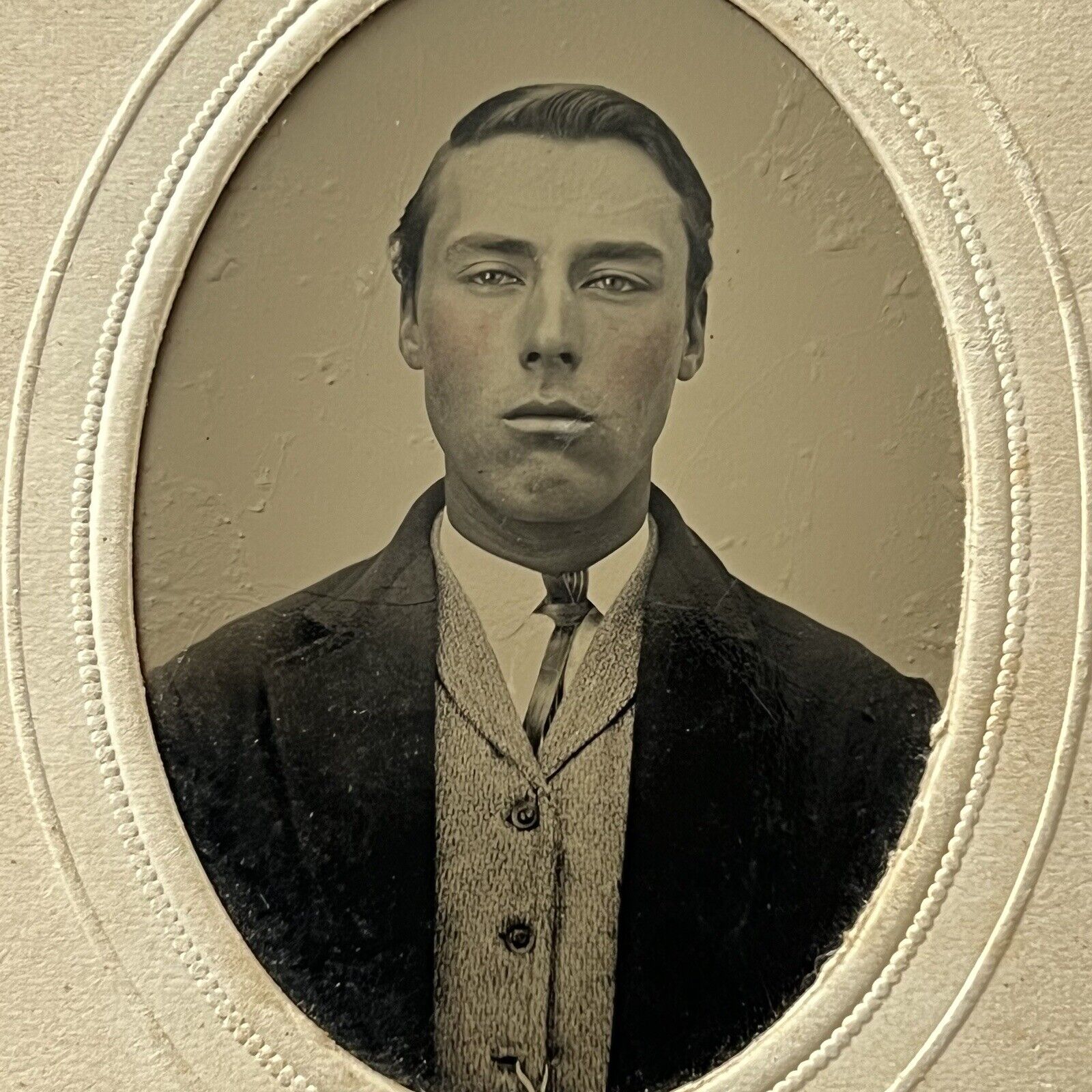 Antique Tintype Photograph Very Handsome Charming Young Man Clean Shaven