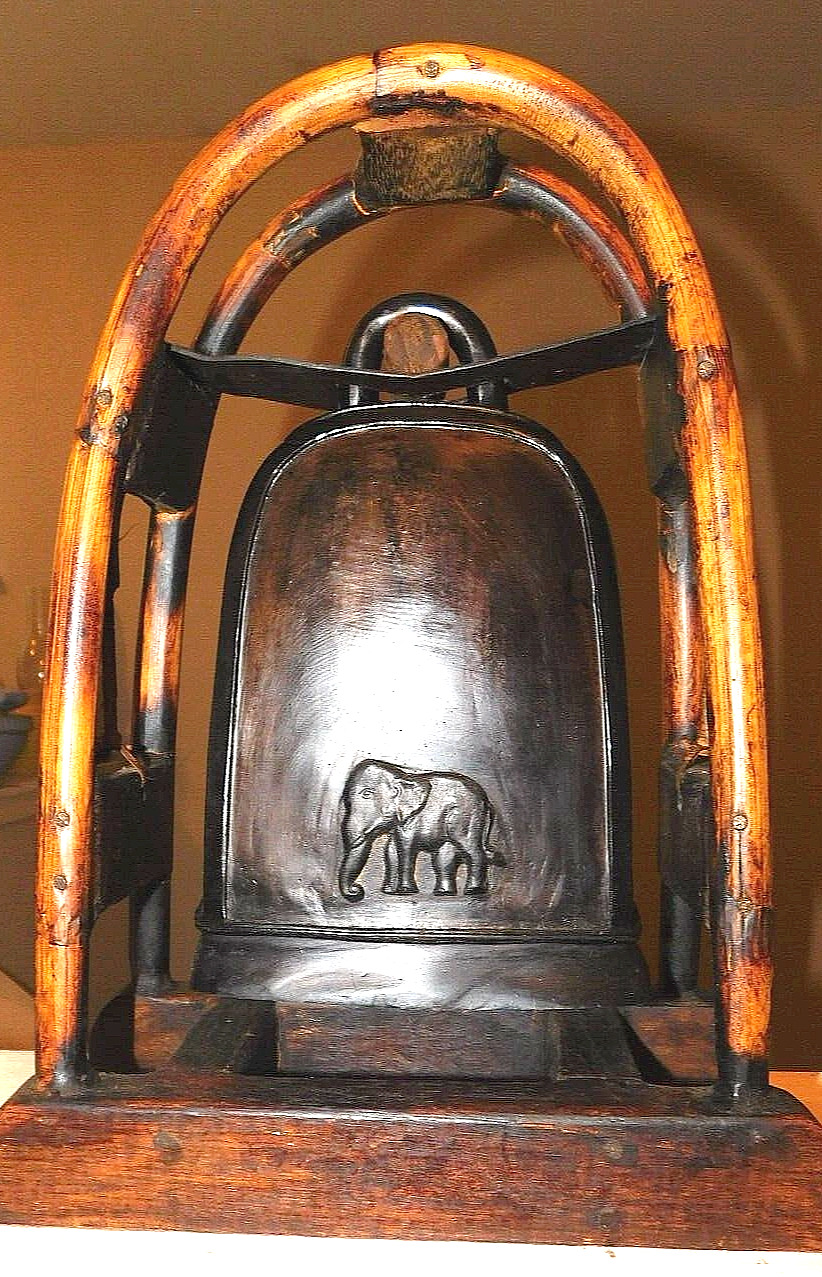 Vintage Antique Extra-Large Asian Elephant Bell with Rattan Bamboo Stand, Lovely