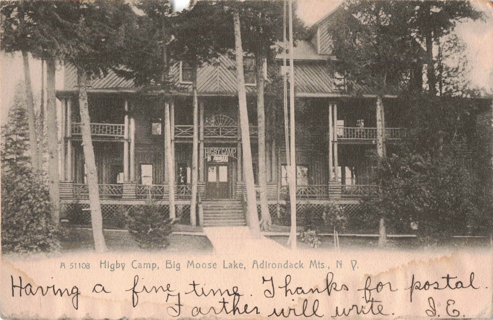 Higby Camp Big Moose Lake Adirondack Mts. N.Y. 1906 Postcard B460