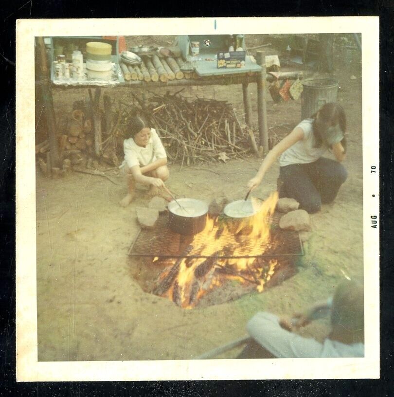 Vintage Photo YOUNG GIRLS AT SUMMER CAMP COOK OVER LARGE CAMP FIRE 1970